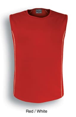 A sleeveless tank top in red with white accents, featuring a logo.