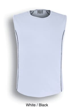 A sleeveless men's tank top in white with black side detailing and a logo.