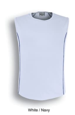 A white and navy sleeveless men's tank top with contrasting side stitching and a logo.