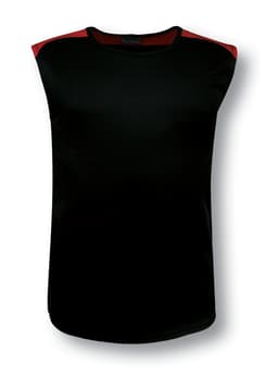 A black sleeveless tank top with red contrast features and a logo on the side.