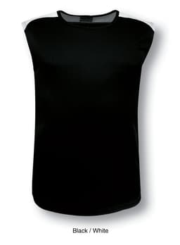 A black and white men's tank top with contrast features, designed as a lightweight singlet.