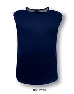 A navy and white men's tank top featuring contrast detailing and a logo on the shoulder.