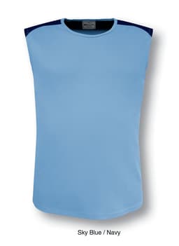 A sky blue tank top with navy contrast features and a logo on the fabric. It has a sleeveless design.