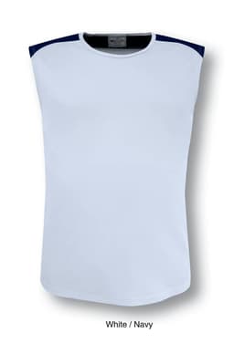 A white tank top featuring navy contrast detailing on the shoulders and a branded logo.
