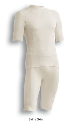 A light skin-coloured men's short-sleeve performance top, paired with matching shorts, featuring a logo.