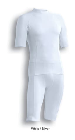 A white and silver men's performance short-sleeve top and matching shorts, featuring a logo.