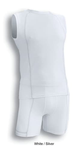 A white and silver sleeveless performance tank top with matching shorts, featuring a logo on the fabric.