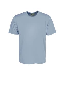 A light blue unisex micromesh tee shirt with short sleeves, featuring a logo on the label.