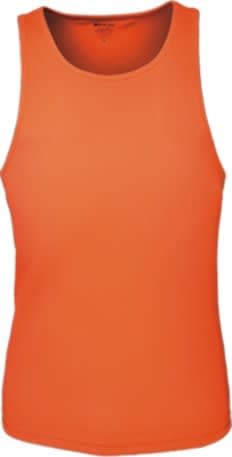 An orange men's brushed action back singlet with a classic sleeveless design. Features a logo.