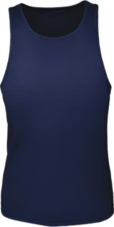 A navy ladies singlet with a brushed action back design. The garment features a logo on the front.