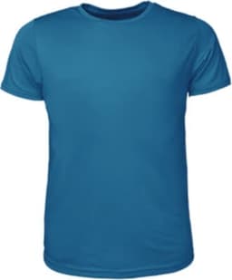 A teal men's brushed T-shirt with short sleeves and a classic crew neckline. It features a branding logo.
