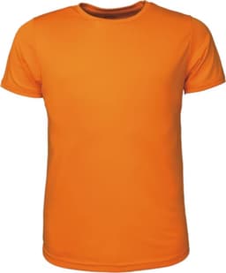 An orange kids' brushed tee shirt featuring short sleeves and a round neckline. It has a logo on the front.