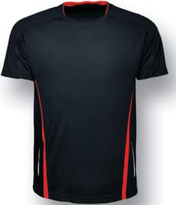 A black unisex sports tee with red accents and a logo. Suitable for athletic activities.