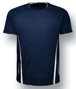 A navy blue unisex sports tee featuring white accents and short sleeves, with a branding logo visible.