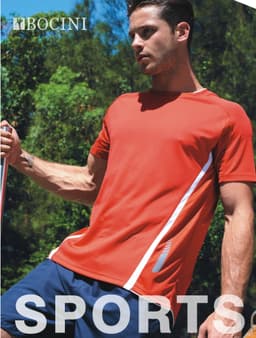 A red unisex sports tee with a logo, featuring a grey design element, worn by a model in a natural setting.