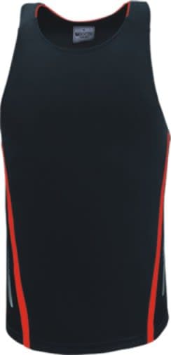 A black unisex sports singlet with red detailing and reflective accents. The singlet features a logo.