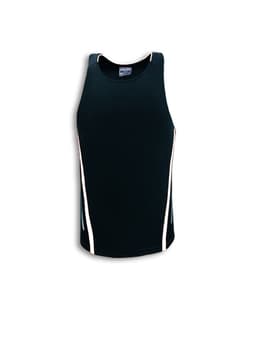 A black unisex elite sports singlet featuring contrasting white stripes and a logo.