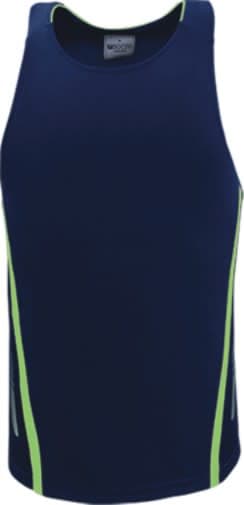 A navy unisex sports singlet with lime green accents, featuring a logo.