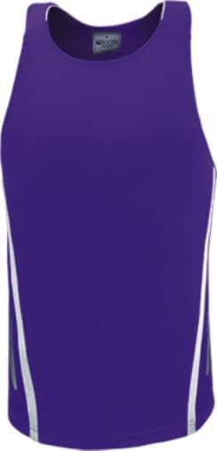 A purple unisex sports singlet featuring a sleek design with contrasting side panels. It has a logo on the label.