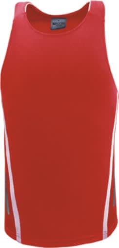 A red unisex elite sports singlet featuring contrasting side stripes and a logo.
