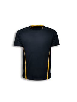 A black kids' sports T-shirt with yellow accents and a logo on the front. Suitable for active play.