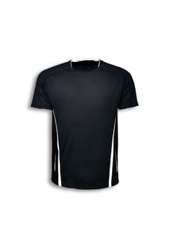 A black sports tee featuring white accents on the sides and short sleeves, with a logo on the front.