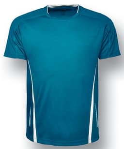A teal sports tee featuring white accents and a logo, designed for kids' activewear.