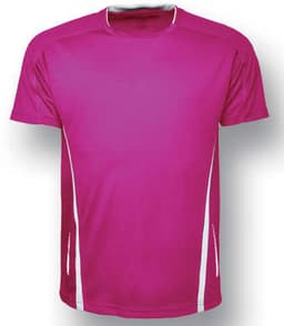A pink sports T-shirt with white side panels and a logo. Suitable for athletic activities.