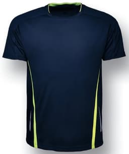 A navy blue t-shirt featuring lime green accents and side details, with a logo present.