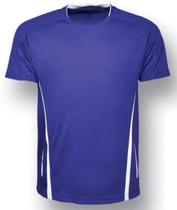 A purple sports T-shirt featuring white side stripes and a logo on the front.