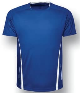 A blue sports tee featuring white side accents and a branding logo. Suitable for kids' athletic activities.