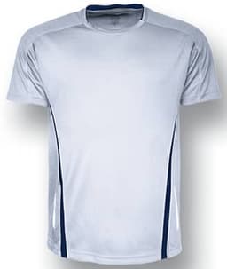 A white sports t-shirt with navy blue side accents and a logo. Ideal for kids' activities.