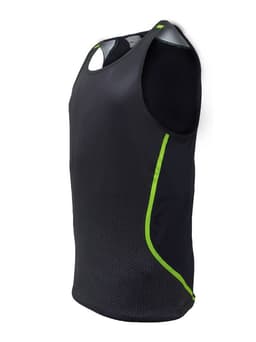A black unisex sports singlet featuring a sleek design with bright green detailing and a logo.