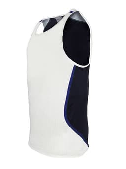 A sleeveless sports singlet with a white front and dark blue side panel, featuring a logo on the chest area.