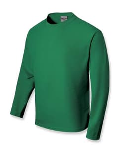 A green unisex long sleeve tee shirt with a round neckline, featuring a logo on the label.
