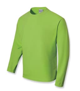 A bright green unisex long sleeve tee shirt displayed against a white background, featuring a logo on the collar.