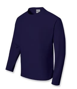 A navy unisex long sleeve tee shirt with a simple design and a round neckline, featuring a logo.