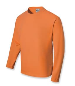 An orange long sleeve tee shirt for unisex adults, featuring a classic crew neck design and a logo.