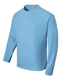 A blue unisex long sleeve tee shirt with a round neckline and a logo on the label.