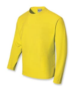 A long sleeve unisex tee shirt in bright yellow with a crew neck and a brand logo.