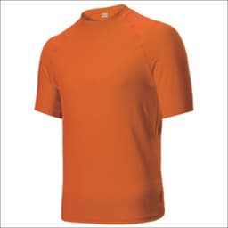 An orange short sleeve rashie with a smooth fabric texture and a simple design. It features a logo on the side.