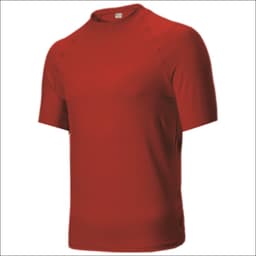 A red short sleeve rashie with a simple design and a logo on the chest area.