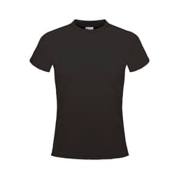 A plain black micromesh tee for ladies with a fitted design and short sleeves. It features a logo.