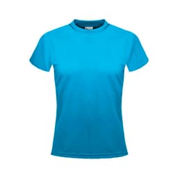 A bright turquoise micromesh tee with a classic crew neck and short sleeves, featuring a logo on the label.