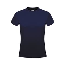 A navy blue plain micromesh T-shirt with short sleeves and a round neckline. It features a logo.