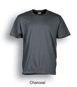 A plain charcoal unisex cotton t-shirt with short sleeves and a crew neckline, featuring a logo.