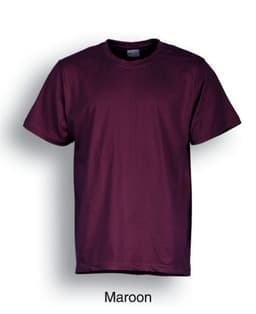 A maroon unisex adults plain cotton T-shirt with short sleeves and a crew neck. It features a logo.