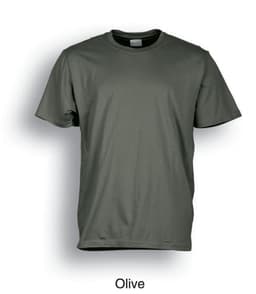 An olive unisex adults plain cotton T-shirt with a round neckline and short sleeves.