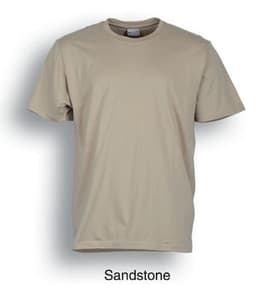 A plain cotton T-shirt in sandstone colour with a round neckline and short sleeves. It features a logo on the label.