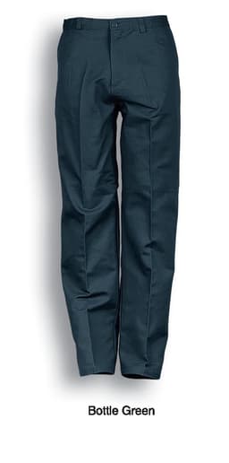 Bottle green unisex cotton drill work pants displayed with a logo. Feature a classic fit for workwear.